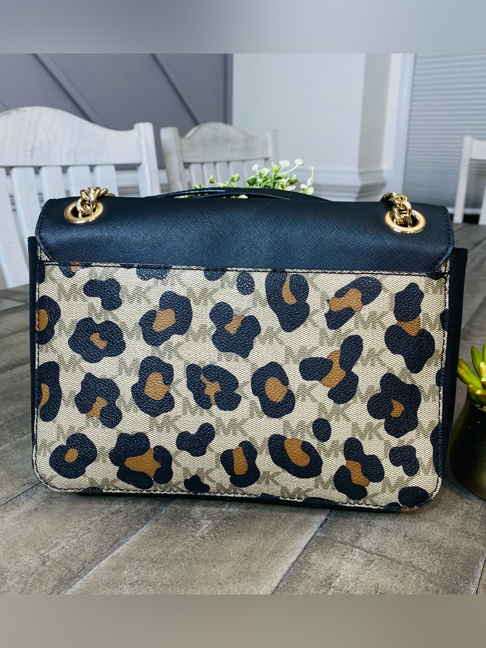 Michael Kors Brandi Medium Saffiano Leather Shoulder Bag Leopard Print MK Logo - Picture 5 of 12